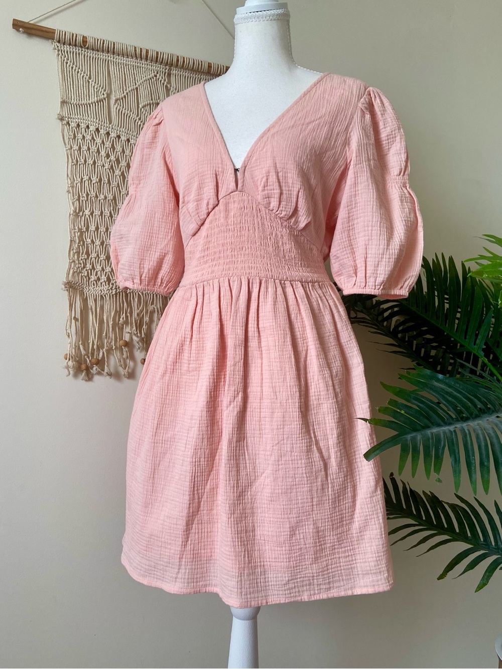 Billabong Spellbound Pink Smocked Gauze Puff Sleeve Cotton Milkmaid Mini Dress